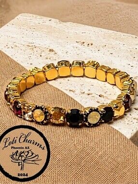 Deep Red, Peach & Peach Flower Swarovski Crystals In Stretch Bracelet